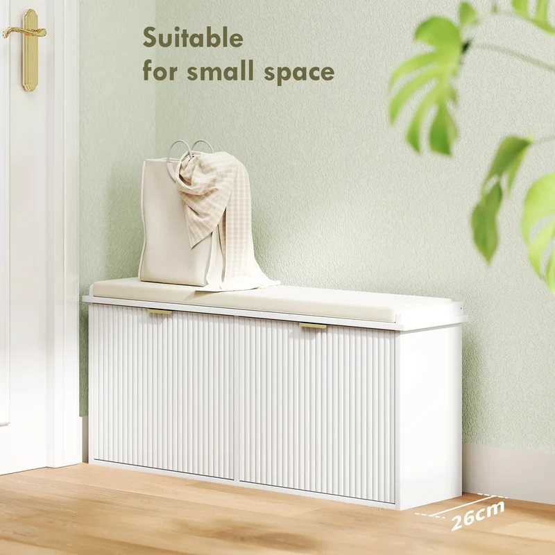 Entryway Bench with Padded Seat, Flip-Drawers, Holds 529lbs, White