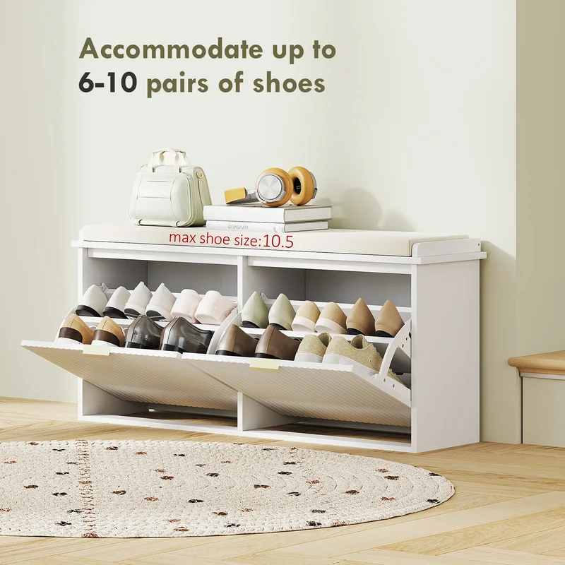Entryway Bench with Padded Seat, Flip-Drawers, Holds 529lbs, White