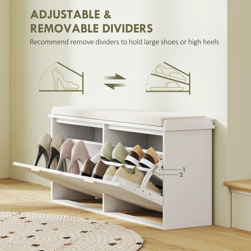 Entryway Bench with Padded Seat, Flip-Drawers, Holds 529lbs, White