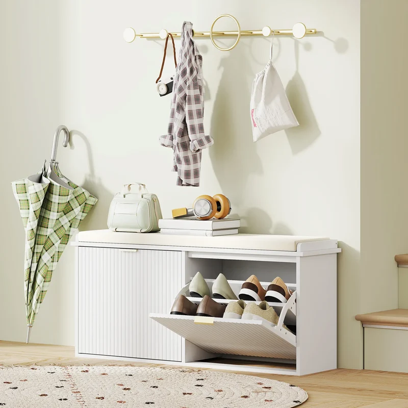 Entryway Bench with Padded Seat, Flip-Drawers, Holds 529lbs, White