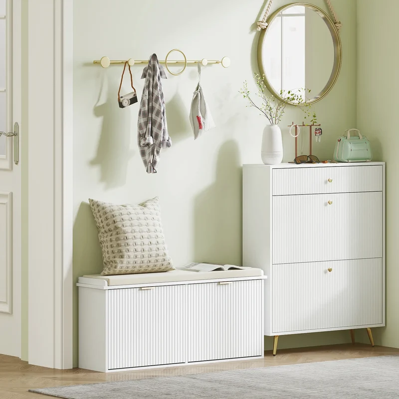 Entryway Bench with Padded Seat, Flip-Drawers, Holds 529lbs, White