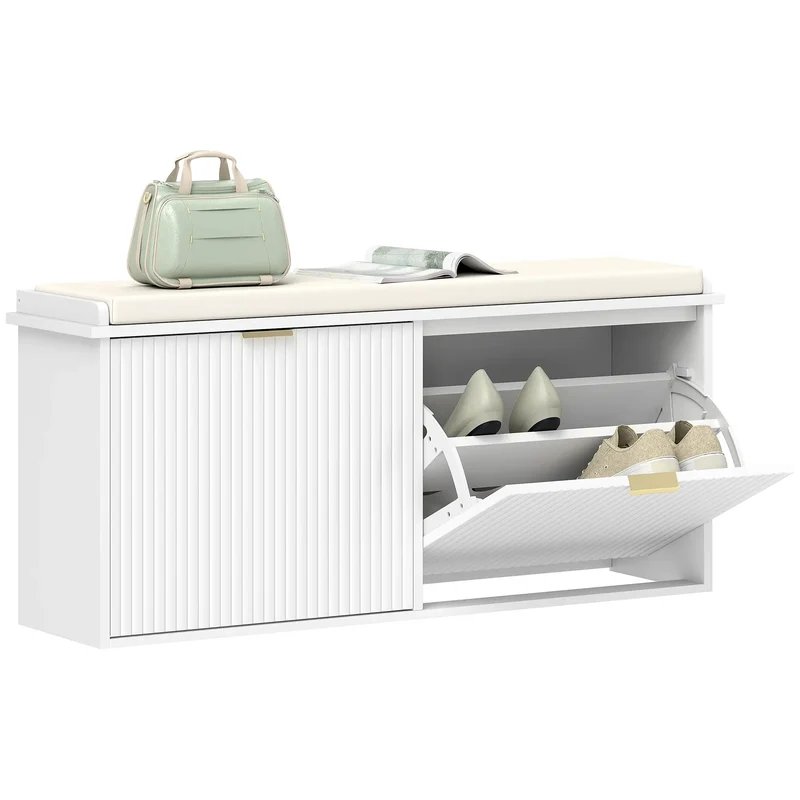 Entryway Bench with Padded Seat, Flip-Drawers, Holds 529lbs, White
