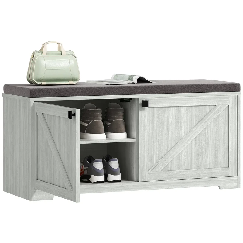 Shoe Storage Bench, Padded Seat, Holds 352 lb, 8 Pairs, Light Grey