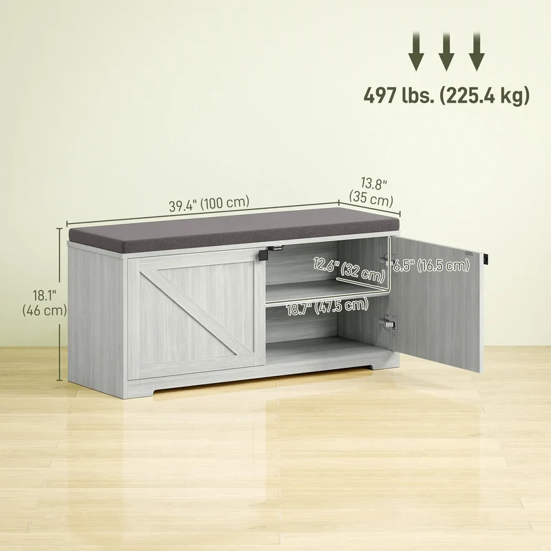 Shoe Storage Bench, Padded Seat, Holds 352 lb, 8 Pairs, Light Grey