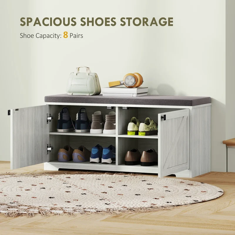 Shoe Storage Bench, Padded Seat, Holds 352 lb, 8 Pairs, Light Grey