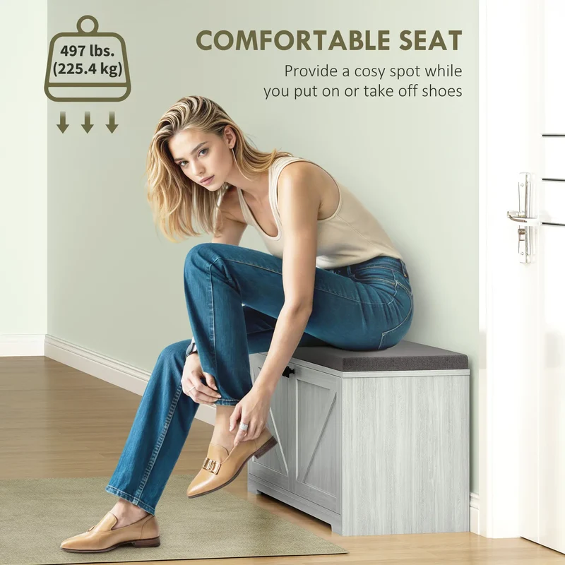 Shoe Storage Bench, Padded Seat, Holds 352 lb, 8 Pairs, Light Grey