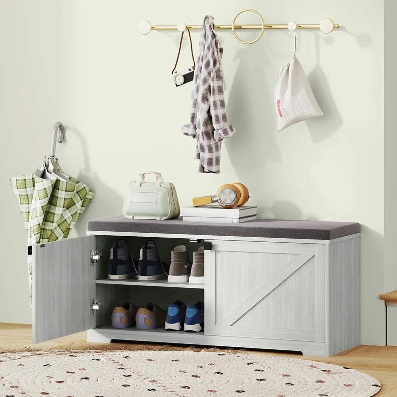 Shoe Storage Bench, Padded Seat, Holds 352 lb, 8 Pairs, Light Grey