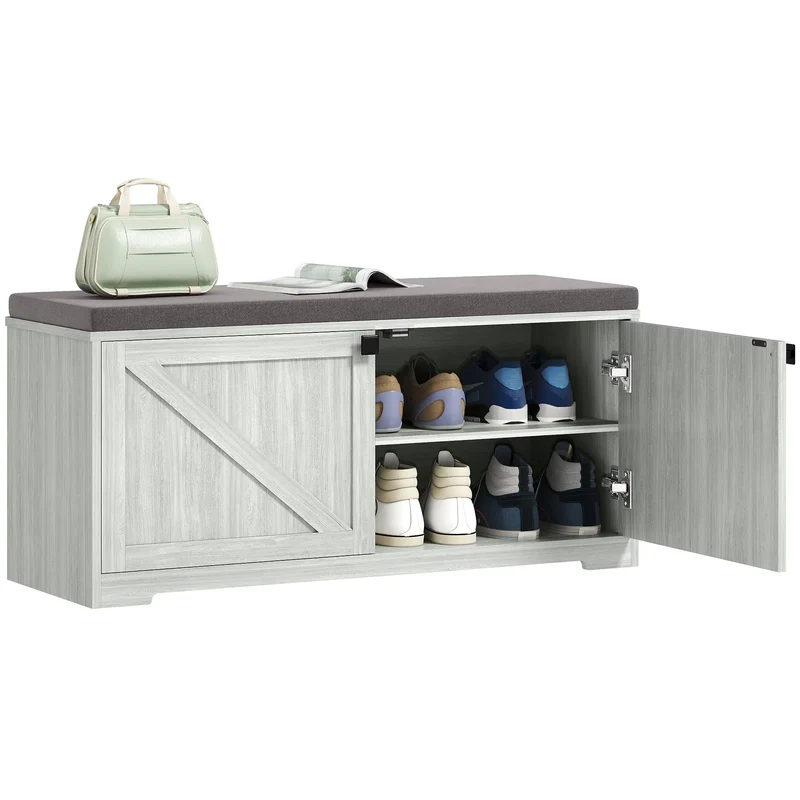 Shoe Storage Bench, Padded Seat, Holds 352 lb, 8 Pairs, Light Grey