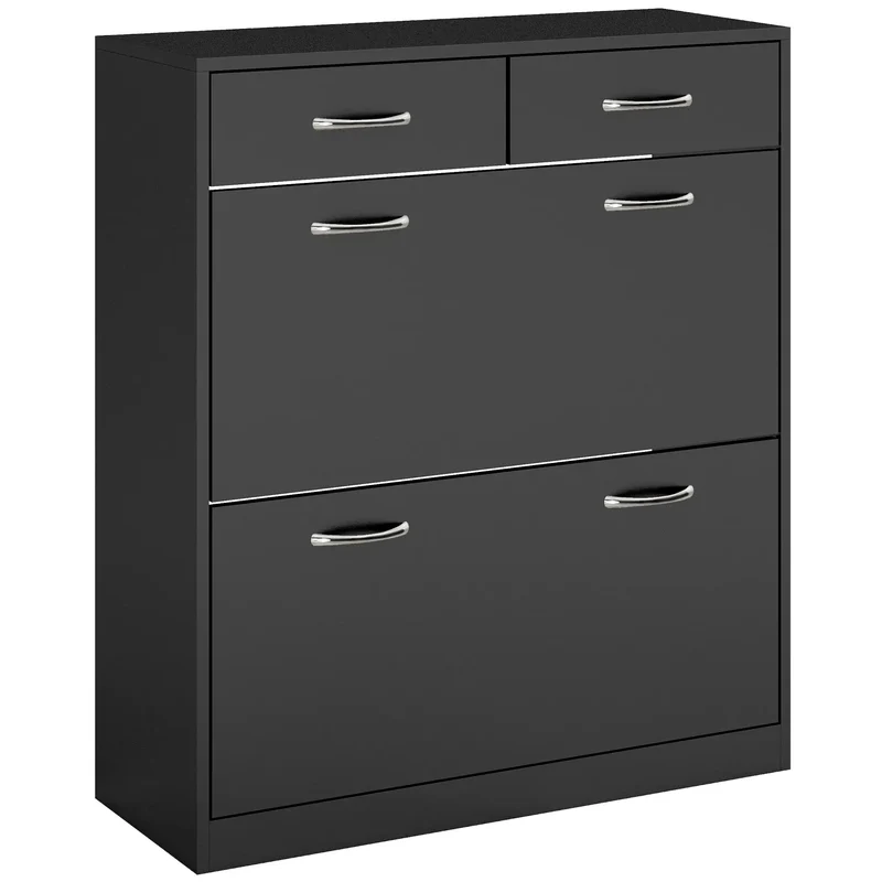 Narrow Shoe Storage, 2 Flip Drawers, Adjustable Shelves, Holds 12 Pairs, Black
