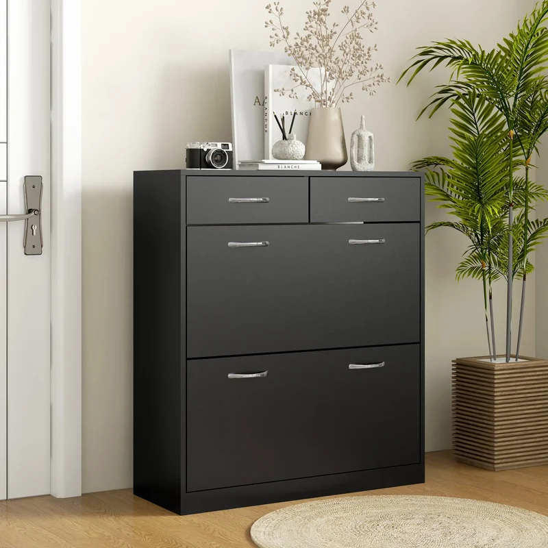 Narrow Shoe Storage, 2 Flip Drawers, Adjustable Shelves, Holds 12 Pairs, Black