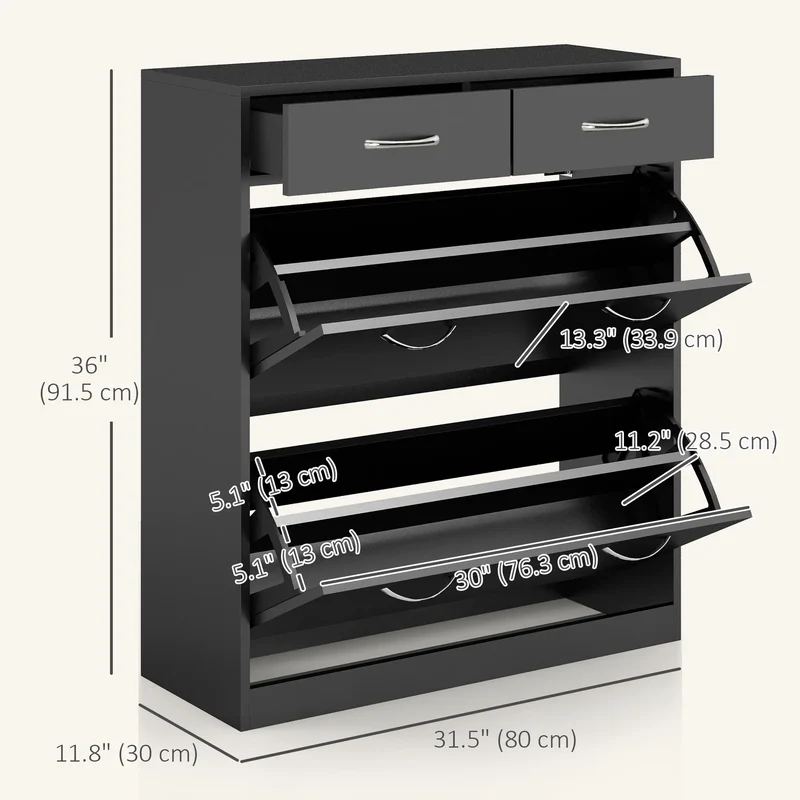 Narrow Shoe Storage, 2 Flip Drawers, Adjustable Shelves, Holds 12 Pairs, Black
