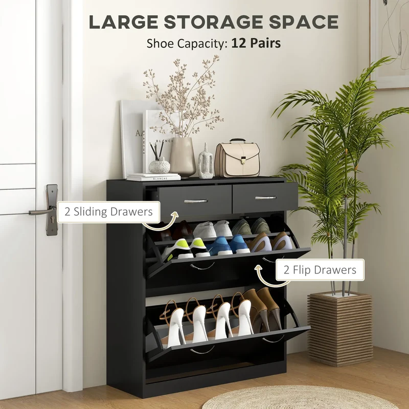 Narrow Shoe Storage, 2 Flip Drawers, Adjustable Shelves, Holds 12 Pairs, Black