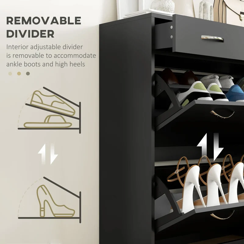 Narrow Shoe Storage, 2 Flip Drawers, Adjustable Shelves, Holds 12 Pairs, Black