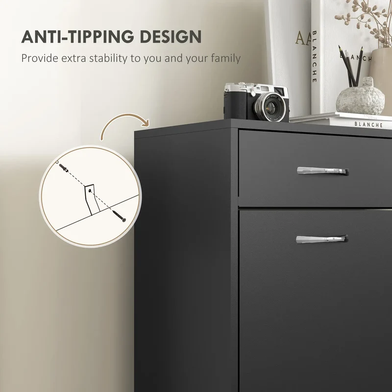 Narrow Shoe Storage, 2 Flip Drawers, Adjustable Shelves, Holds 12 Pairs, Black