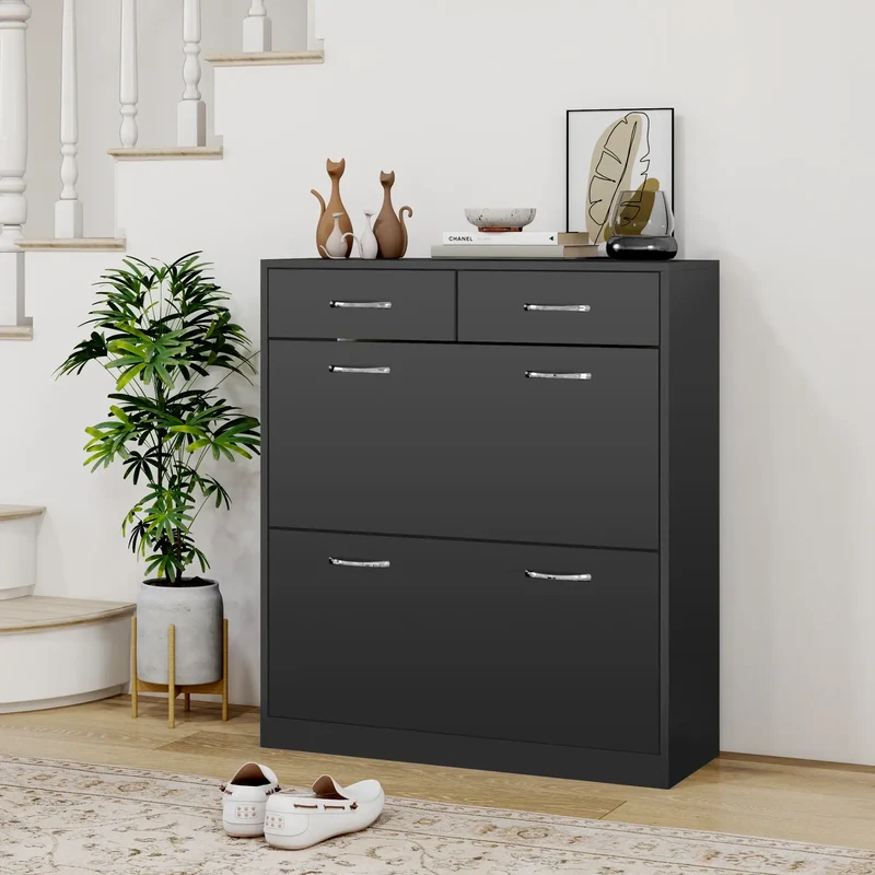 Narrow Shoe Storage, 2 Flip Drawers, Adjustable Shelves, Holds 12 Pairs, Black