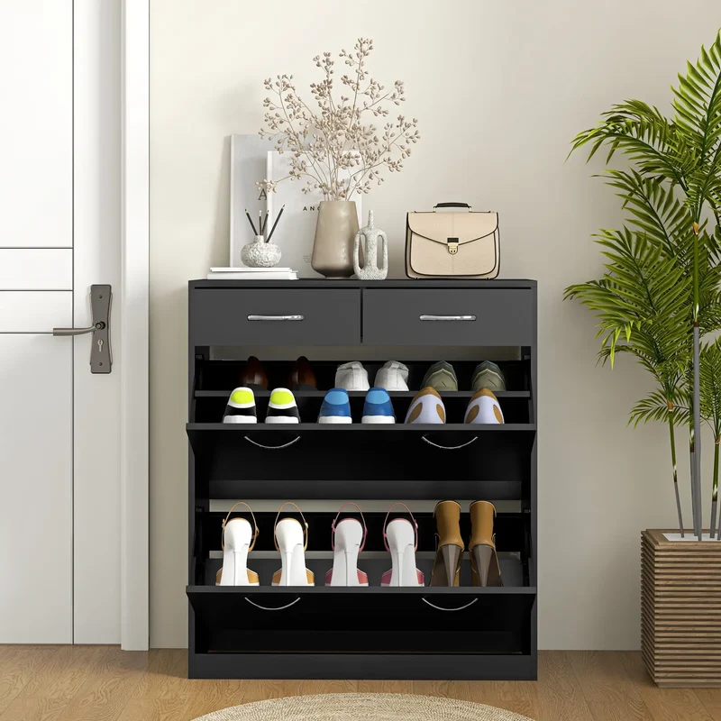 Narrow Shoe Storage, 2 Flip Drawers, Adjustable Shelves, Holds 12 Pairs, Black