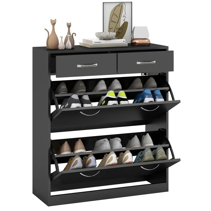 Narrow Shoe Storage, 2 Flip Drawers, Adjustable Shelves, Holds 12 Pairs, Black