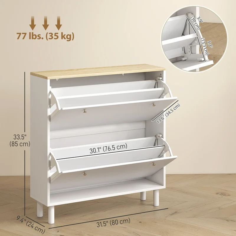 2 Drawers Shoe Storage Cabinet, Adjustable Shelves, 16 Pairs, White