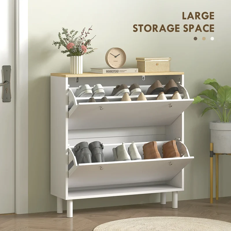 2 Drawers Shoe Storage Cabinet, Adjustable Shelves, 16 Pairs, White