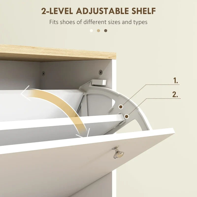 2 Drawers Shoe Storage Cabinet, Adjustable Shelves, 16 Pairs, White