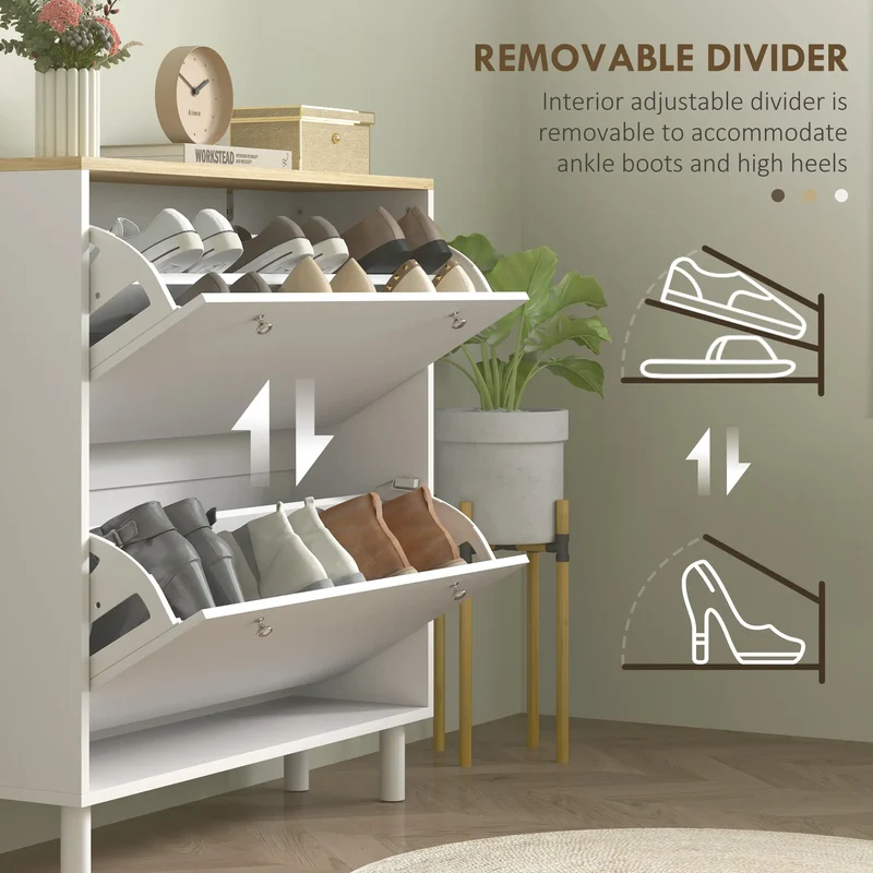 2 Drawers Shoe Storage Cabinet, Adjustable Shelves, 16 Pairs, White