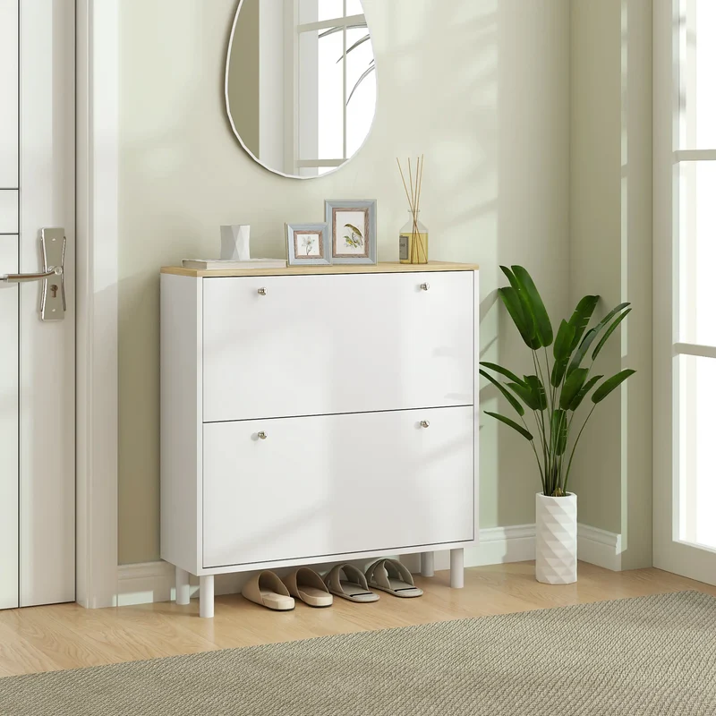 2 Drawers Shoe Storage Cabinet, Adjustable Shelves, 16 Pairs, White