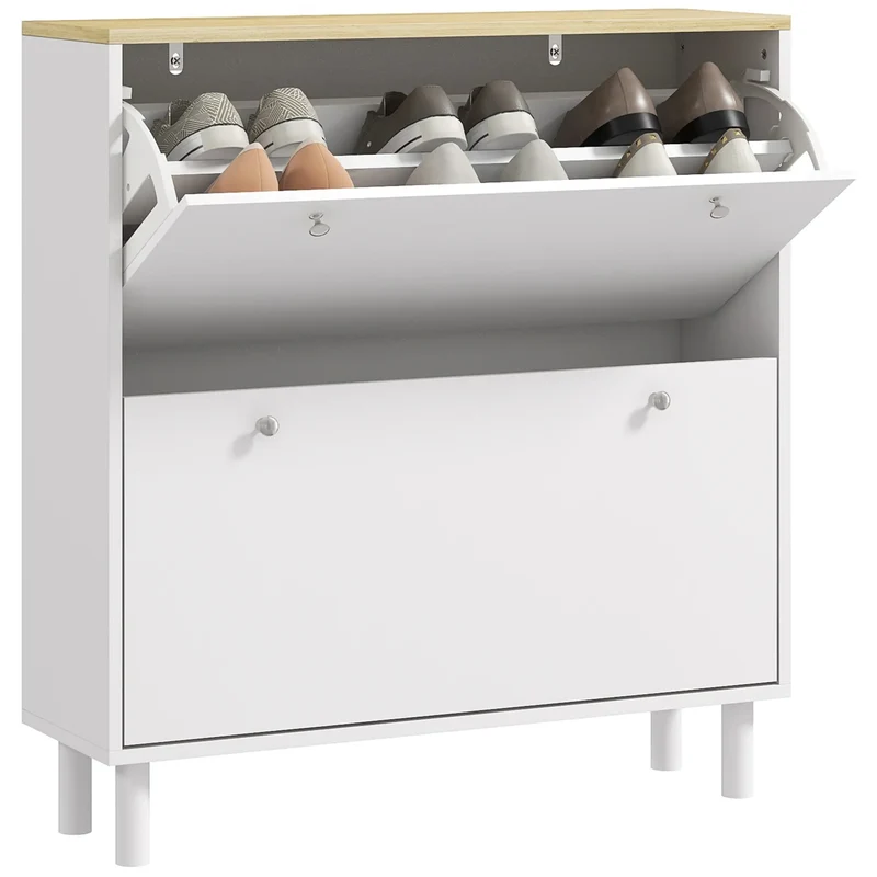 2 Drawers Shoe Storage Cabinet, Adjustable Shelves, 16 Pairs, White