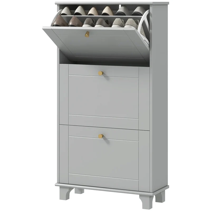 Narrow Shoe Storage, 3 Flip Drawers, Adjustable Shelves, Holds 12 Pairs, Grey
