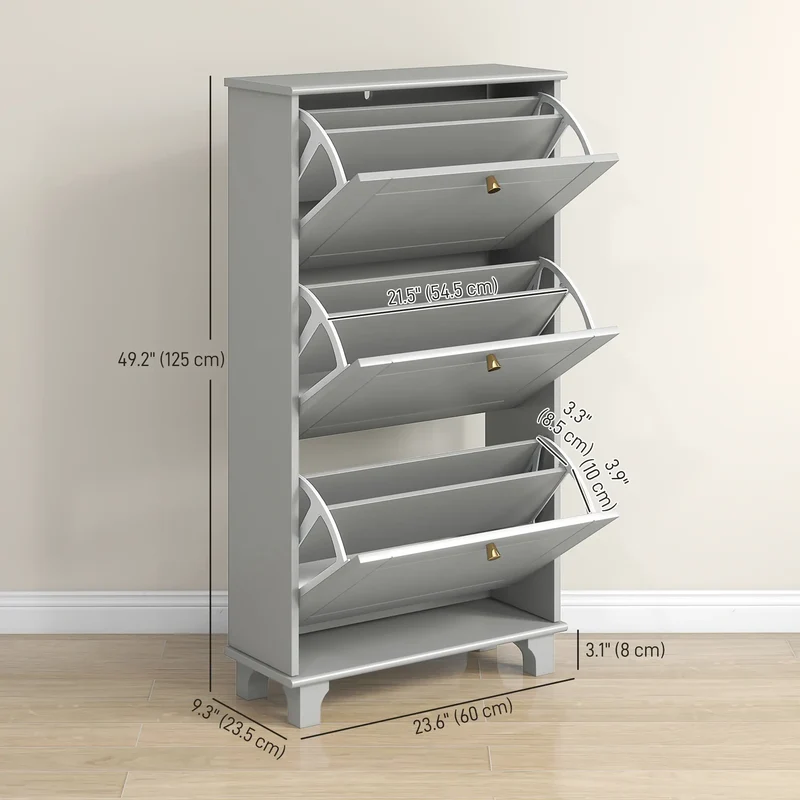 Narrow Shoe Storage, 3 Flip Drawers, Adjustable Shelves, Holds 12 Pairs, Grey