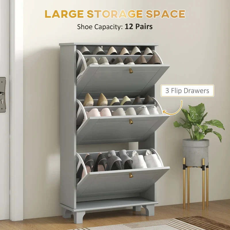Narrow Shoe Storage, 3 Flip Drawers, Adjustable Shelves, Holds 12 Pairs, Grey