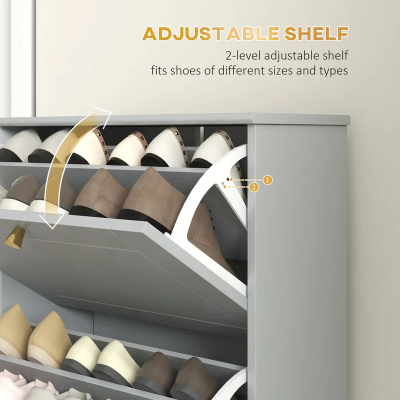 Narrow Shoe Storage, 3 Flip Drawers, Adjustable Shelves, Holds 12 Pairs, Grey