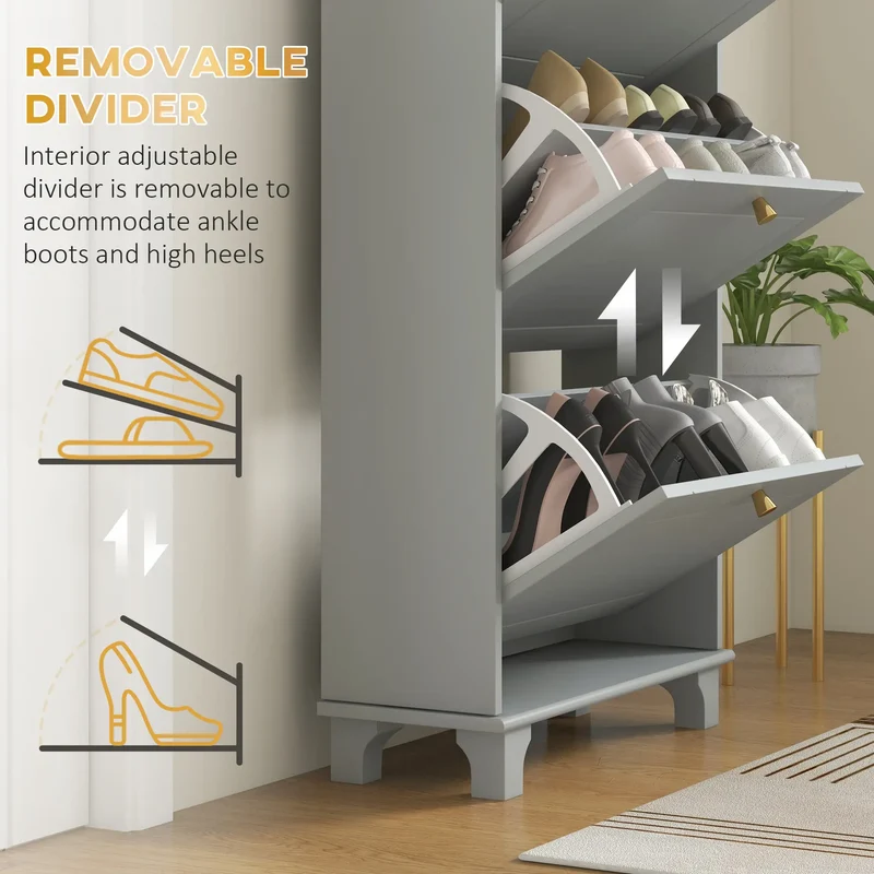 Narrow Shoe Storage, 3 Flip Drawers, Adjustable Shelves, Holds 12 Pairs, Grey