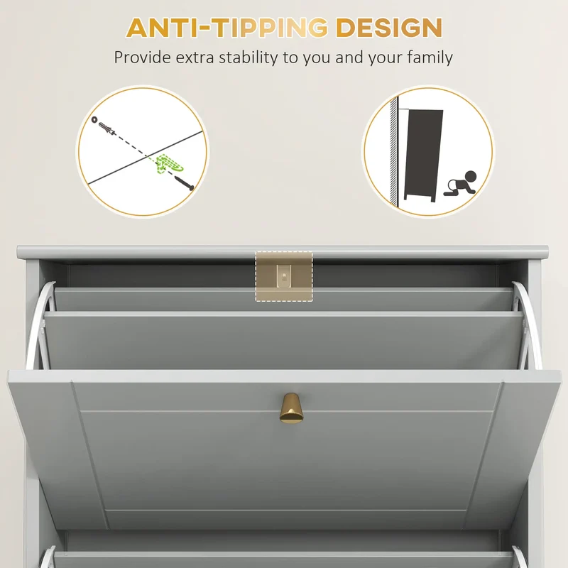 Narrow Shoe Storage, 3 Flip Drawers, Adjustable Shelves, Holds 12 Pairs, Grey