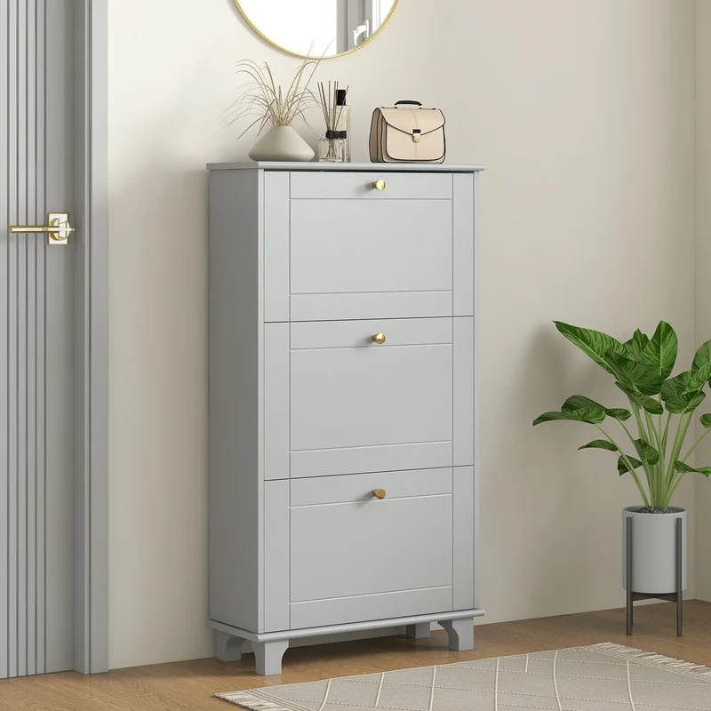 Narrow Shoe Storage, 3 Flip Drawers, Adjustable Shelves, Holds 12 Pairs, Grey