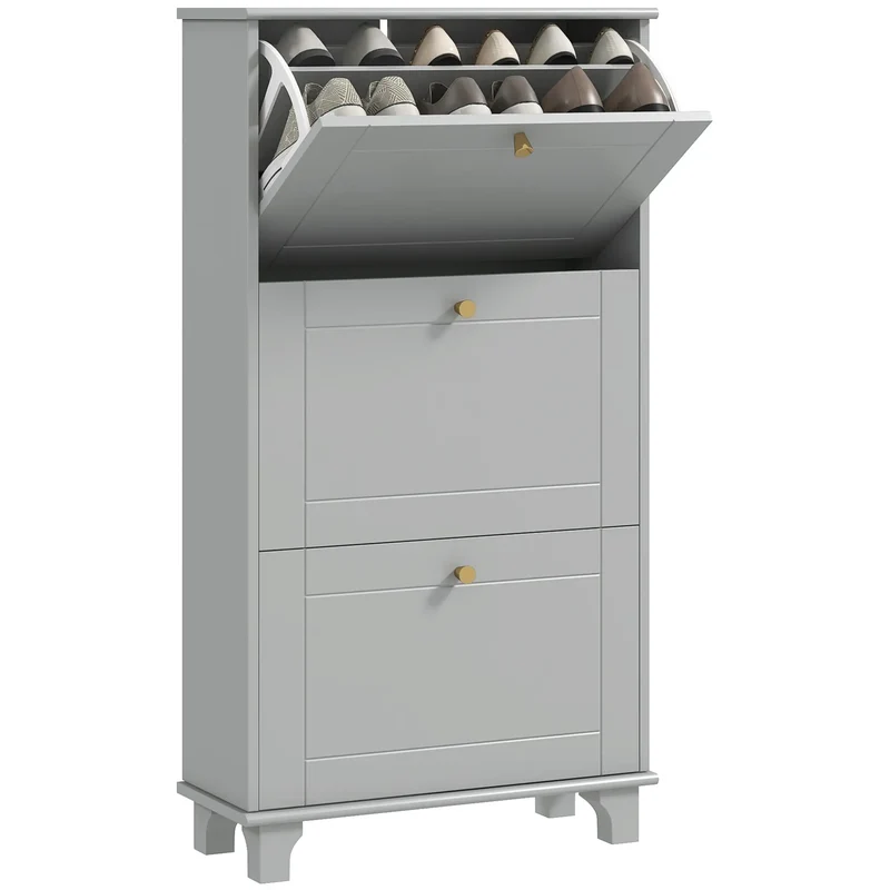 Narrow Shoe Storage, 3 Flip Drawers, Adjustable Shelves, Holds 12 Pairs, Grey
