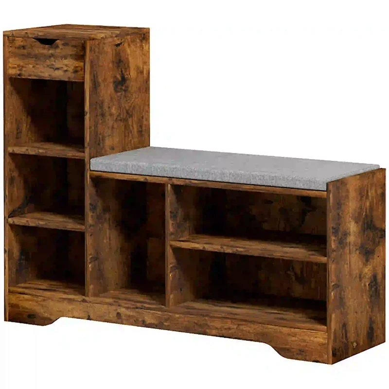 Upholstered Shoe Storage Bench With Seat, Drawer, 6 Shelves, Rustic Brown