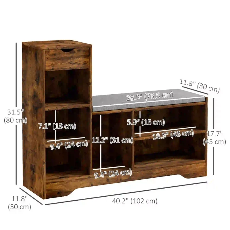 Upholstered Shoe Storage Bench With Seat, Drawer, 6 Shelves, Rustic Brown