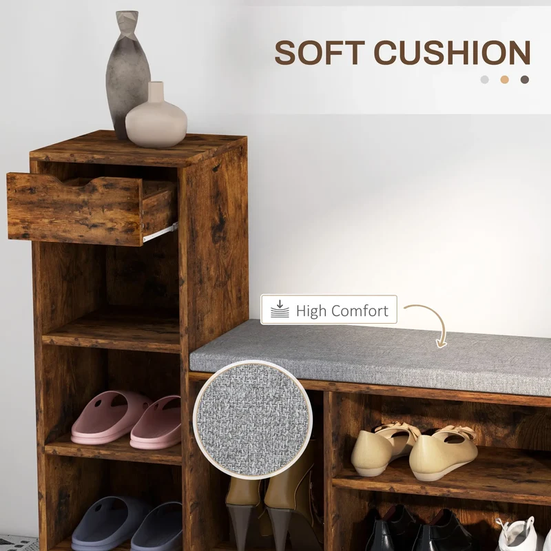 Upholstered Shoe Storage Bench With Seat, Drawer, 6 Shelves, Rustic Brown