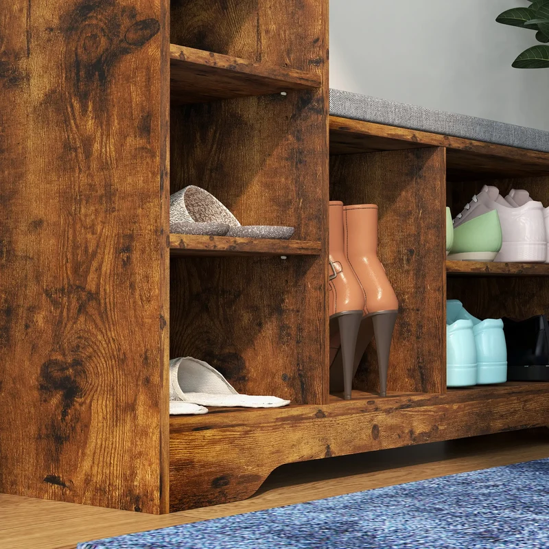 Upholstered Shoe Storage Bench With Seat, Drawer, 6 Shelves, Rustic Brown