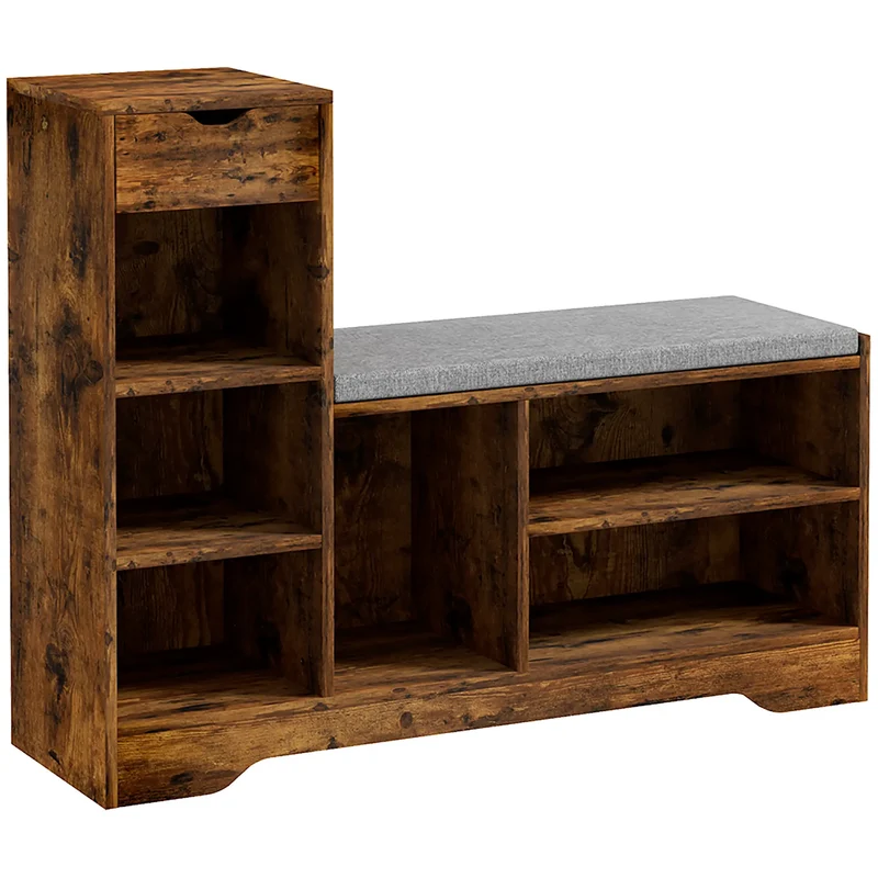 Upholstered Shoe Storage Bench With Seat, Drawer, 6 Shelves, Rustic Brown