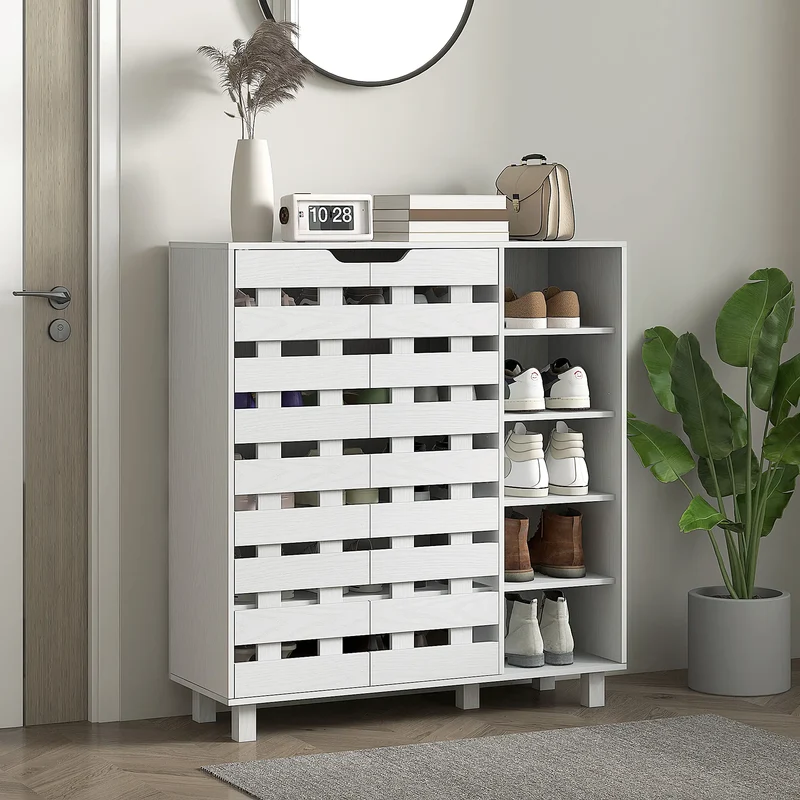 21 Pair Shoe Cabinet, 5-Tier Double Door Cupboard, White