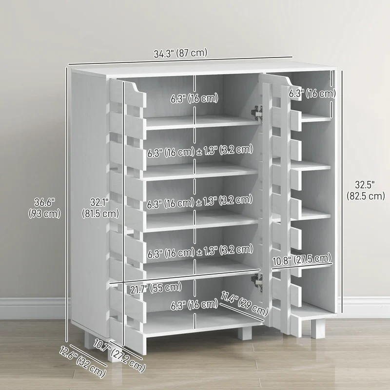 21 Pair Shoe Cabinet, 5-Tier Double Door Cupboard, White