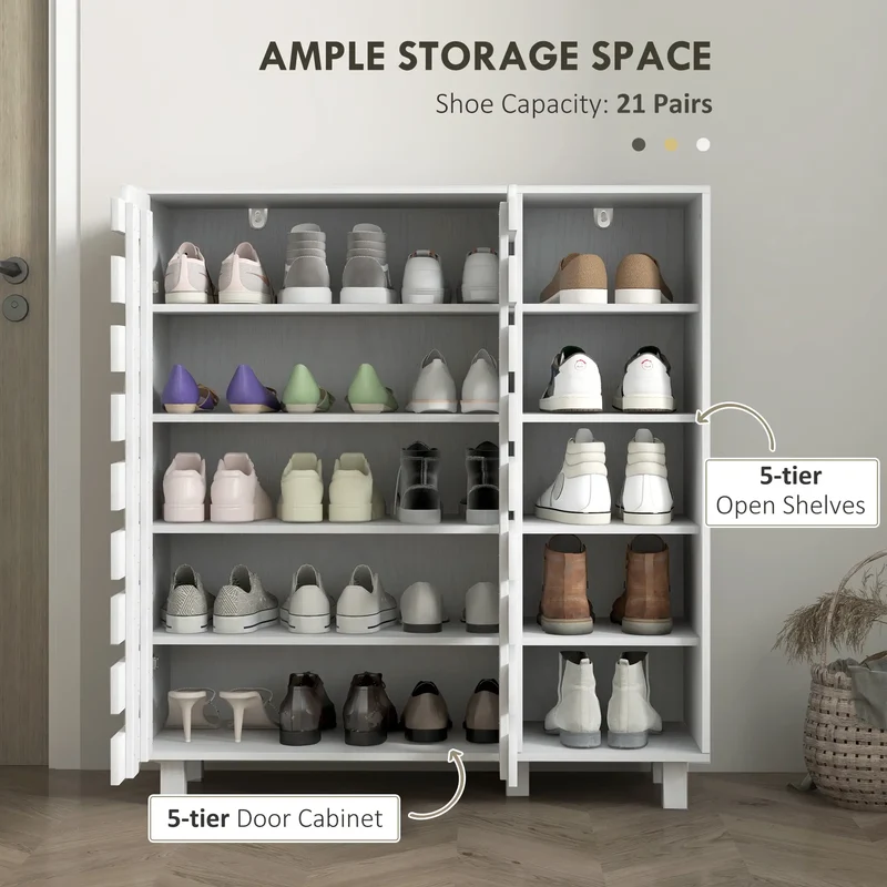 21 Pair Shoe Cabinet, 5-Tier Double Door Cupboard, White