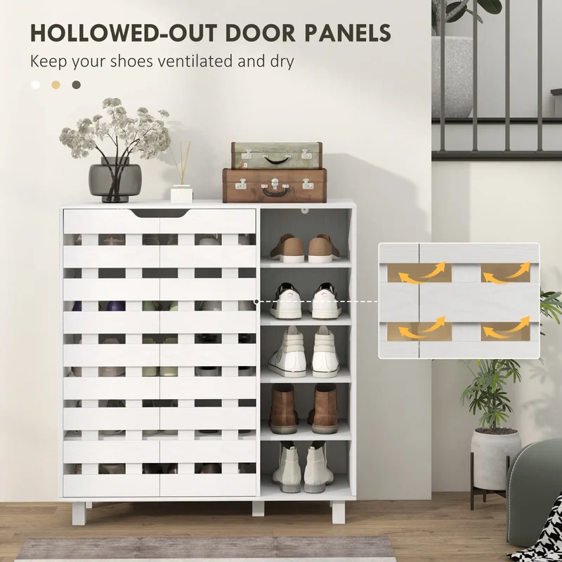 21 Pair Shoe Cabinet, 5-Tier Double Door Cupboard, White