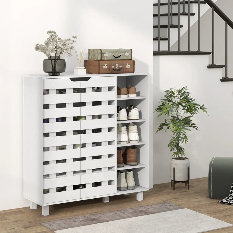 21 Pair Shoe Cabinet, 5-Tier Double Door Cupboard, White