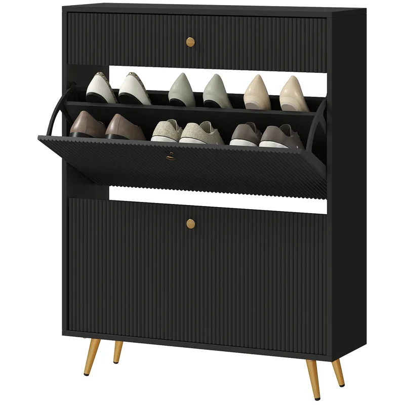 Narrow Shoe Storage Cabinet, Adjustable Shelves, 12 Pairs, Black