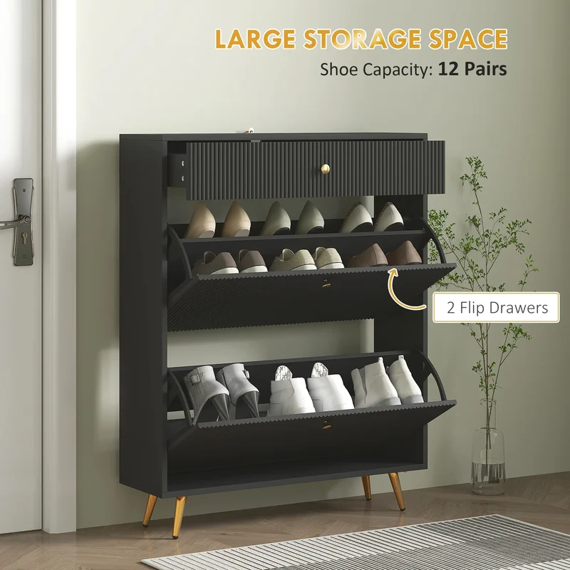 Narrow Shoe Storage Cabinet, Adjustable Shelves, 12 Pairs, Black