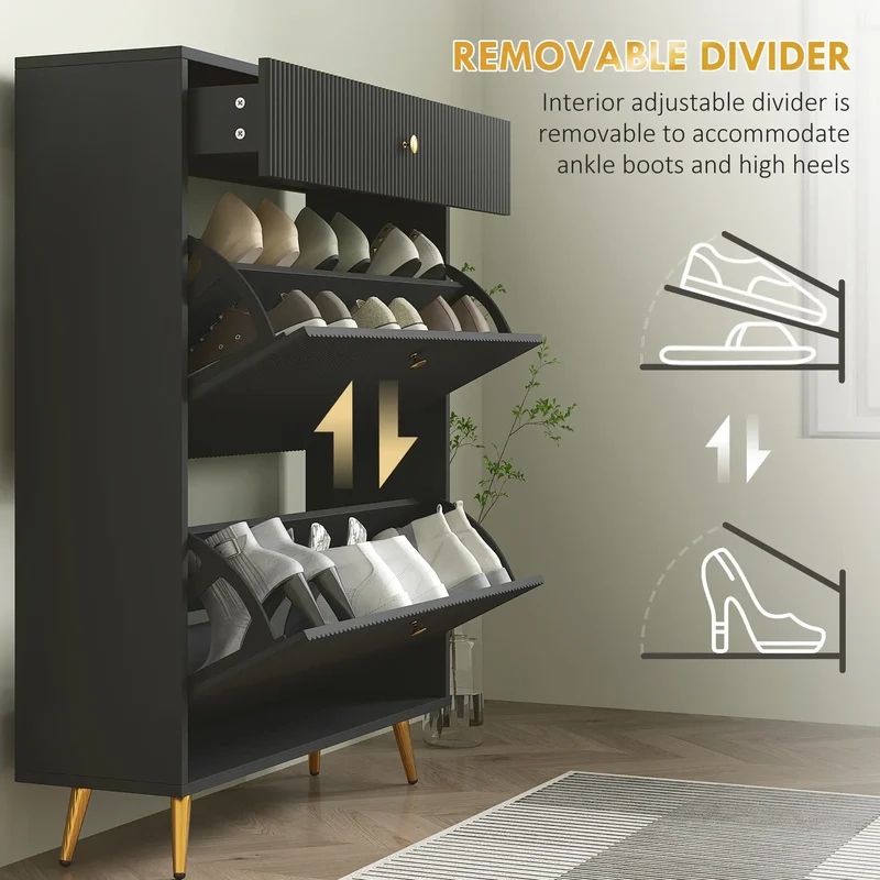 Narrow Shoe Storage Cabinet, Adjustable Shelves, 12 Pairs, Black