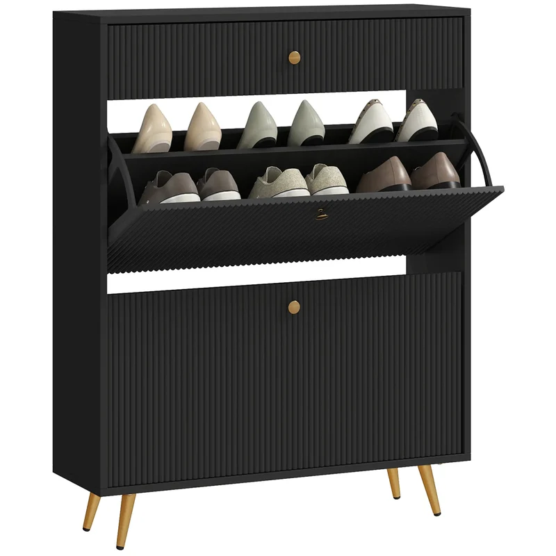 Narrow Shoe Storage Cabinet, Adjustable Shelves, 12 Pairs, Black