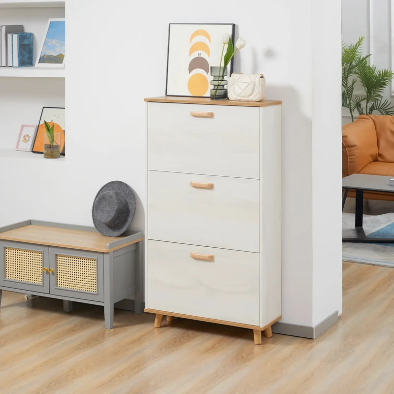 Modern Shoe Cabinet, 3 Flip Drawers, Adjustable Shelf, 12 Pair, White